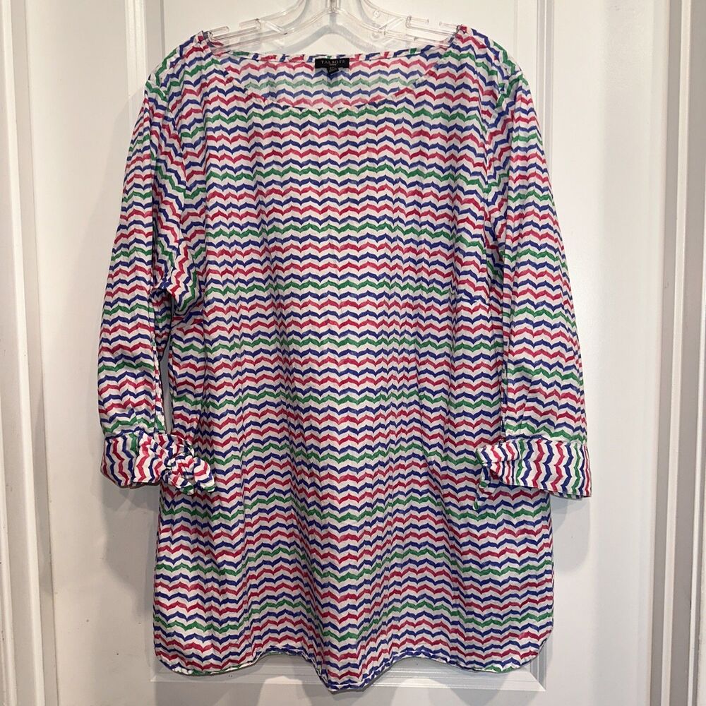 Talbots Plus Top Women 2X Multicolor Cotton 3/4 Pullover Abstract Resort Artsy